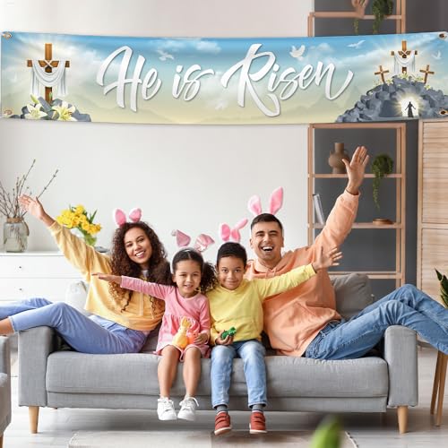 He is Risen Banner Religious Happy Easter Banner Decorations Jesus Resurrection Cross Lilies Yard Sign Banner Easter Party Supplies for Spring Easter Christian Easter Decorations(Banner)