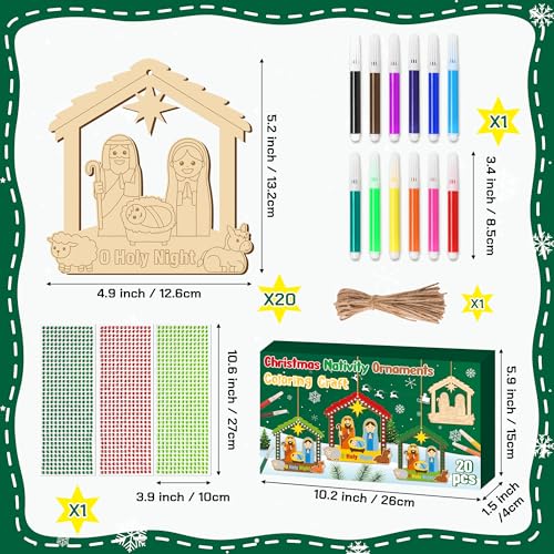 BeYumi Christmas Wooden House Craft - 20Pcs DIY Wooden House Ornaments Craft Kit for Kids Make Your Own Nativity Decor Christian Religious Xmas Crafts with Gem Sticker Church Party Decoration Supplies - style: Nativity House