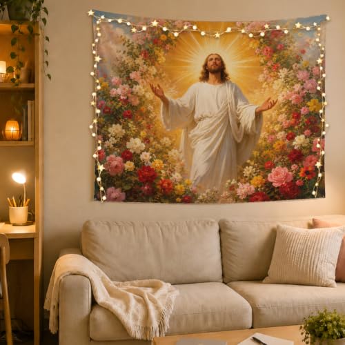 MOLYUB Christian Jesus Ascension Tapestry for Home Church Bedroom 50x60 - color: Jesus with Divine Light Among Flowers