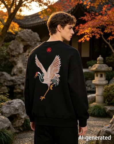Niepce Inc Men's Embroidered Graphic Crewneck Sweatshirt - color: Black-cranes, size: X-Large