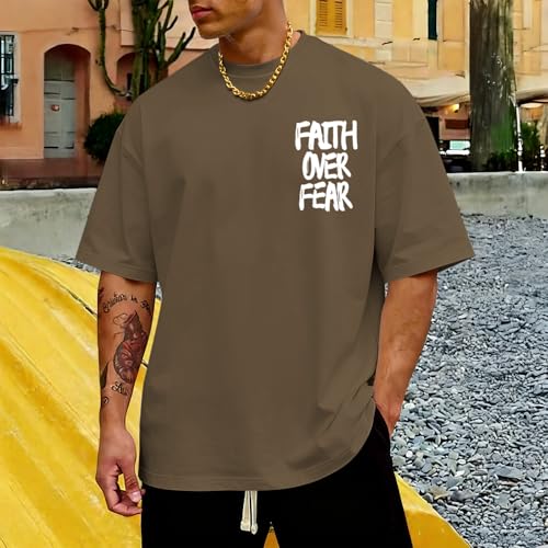 Christian Jesus Shirts for Men Faith Over Fear Shirt God Religious Bible Verse Inspirational Oversized Graphic Tees - color: Brown, size: Small