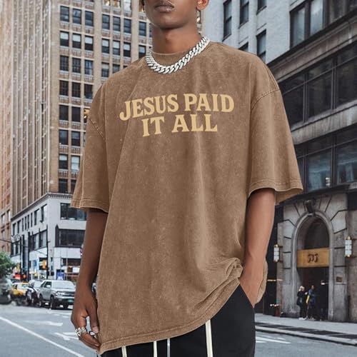 Christian Shirts for Men Religious Cross Bible Verse Jesus Faith Oversized T Shirt Graphic Vintage Acid Wash Tees - color: Coffee, size: Medium