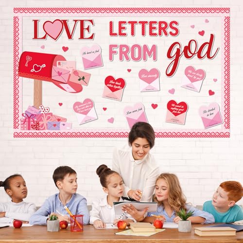 Valentine's Day Christian Bulletin Board Set Valentine's Day Religious Jesus Bible Verse Classroom Decorations Love Letters from God Paper Cutouts for Church School Home Chalkboard Wall Door Decor - style: love letters from god