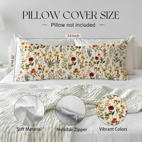 Boho Floral 20x54 Body Pillow Cover, Cottagecore Room Decor, Boho Rustic Country Floral Botanical Long Body Hug Pillow Cases with Zipper for Bed Couch Girls Bedroom Home - color: Boho Floral