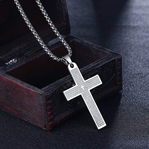 Mens Bible Verse Lords Prayer Cross Pendant Necklace Chain Men Women - color: Silver