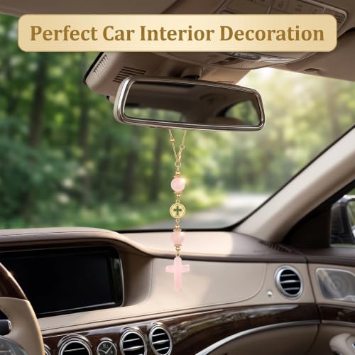 Pink Crystal Cross Car Hanging Charm, Boho Blessing Rear View Mirror Ornament, Healing Stone Car Decor Accessories for Women - color: Pink