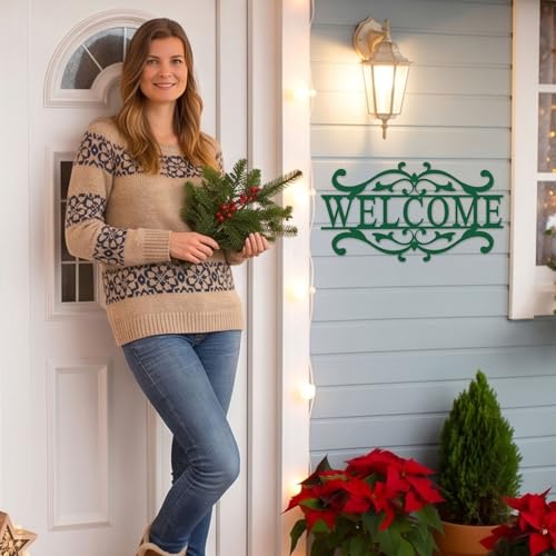 AHYS Metal Welcome Sign for Front Door Vintage Welcome Door Sign for Indoor Outdoor Wall Decor - Deep Green - color: Deep Green