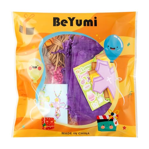 BeYumi Easter Cross Necklace Craft - 28Pcs Easter Religious Cross Necklace Craft Kit for Kids DIY He is Risen Sticker and Beads Christian Decor Sunday School Classroom Party Activities - style: Easter