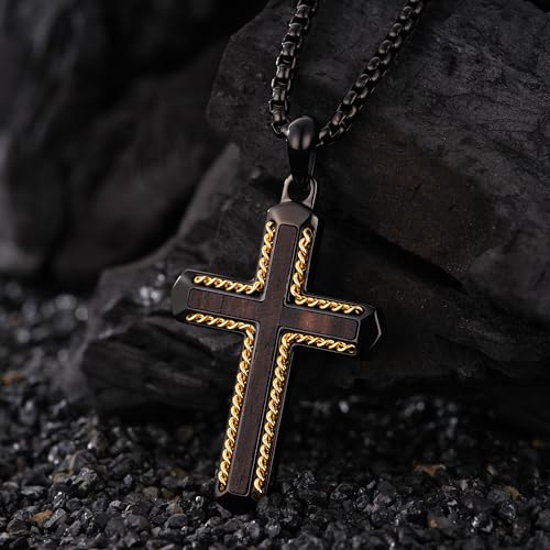 Wooden Cross Necklace for Men With Stainless steel And Black Ebony Adjustable Box Chain 24–26 inches Suitable for Everyday Wear And Christian Gifts for Men - color: Black-K
