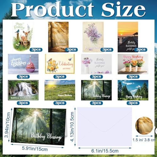 Feifeiya 36 Pack Religious Birthday Cards with Envelopes and Stickers 4 x 6 Christian Card Set with Bible Verses Inside, Greetings for Women, Men Faith-filled Celebration Messages(Landscape)