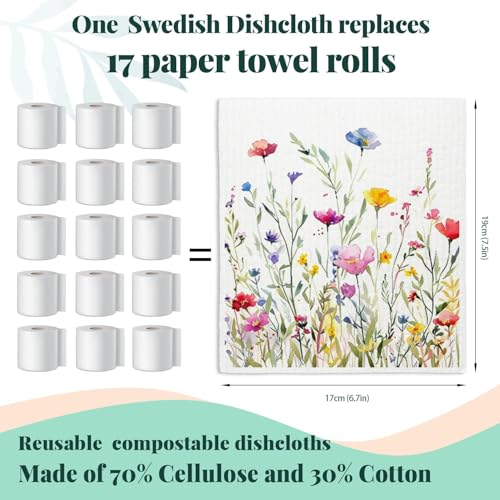 Flowers Swedish Dishcloths for Kitchen, Papaya Reusable Paper Towels, 4 Pack Wildflowers Watercolor Dish Cloths, Washable - color: Flower