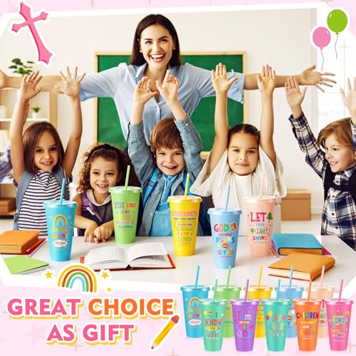 Uiifan 50 Christian Kids Cups with Lids Straws, Back to School, Pastel - color: Pastel