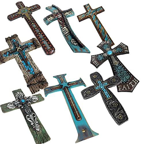 Urbalabs Western Distressed Railroad Spike Teal Barbwire Country Ranch Wall Decor 12 Christian Wall Cross Decor Marriage Gifts Tooled Wall Hanging Crosses Turquoise Gem Stone