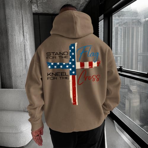 Tuislay Mens Christian Stand for The Flag Kneel for The Cross Hoodies Jesus Faith American Flag Sweatshirts Religious Sweater - color: Coffee, size: Large