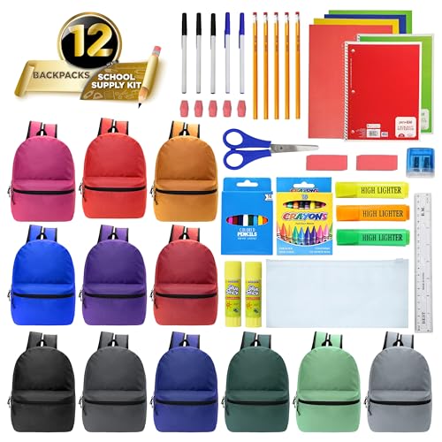 Moda West 12 Pack 17" Bulk Wholesale Backpacks with 52 Piece School Supplies Kits, 12 Colors - color: 12 Colors Asst, size: 52 Piece SS Kit