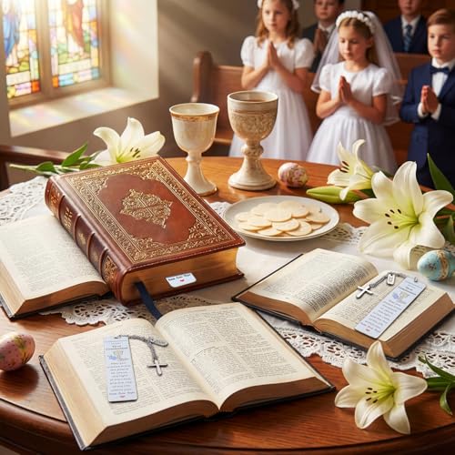 Gueevin 12 Pcs Metal First Communion Gifts 1st Favors Bible Verse Bookmarks with Cross Tassels Christian Religious Bookmarks Bulk with Scripture for Him or Her Book Lover Gift(First Communion) - style: First Communion