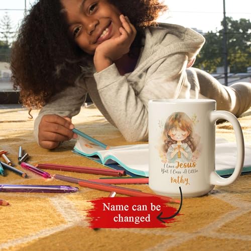 I Love Jesus Mug With Customized Name, Christian Faith Accent Cup 11oz 15oz, Custom Coffee Mug For Christian, Cute Girl Holding Cross Design Cup, Personalized Christian Themed Ceramic Mug - color: XUA-324-1552-I LOVE JESUS MUG
