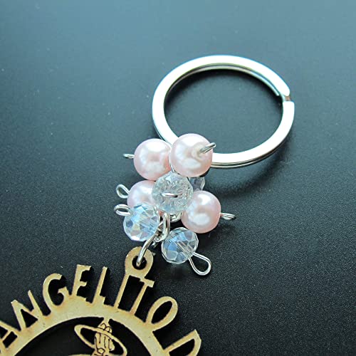 12 PCS Angel Keychain Baptism Favor Pink Beads Wood Design Bags