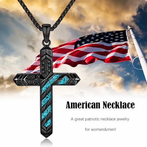 American Flag/Eagle/Star Necklace for Women 925 Sterling Silver Silver/Gold/Black American Flag Pendant 4th of July Jewelry for Wife Sister Girlfriend - color: Black-3