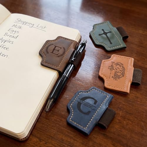 Personalized Magnetic Leather Style Bookmark with Pen Holder, Custom Engraved Name Initial Bible Verse, Cross Lion Monogram Book Marker, Gift for Readers Teachers Students Men Women - color: Initial 1