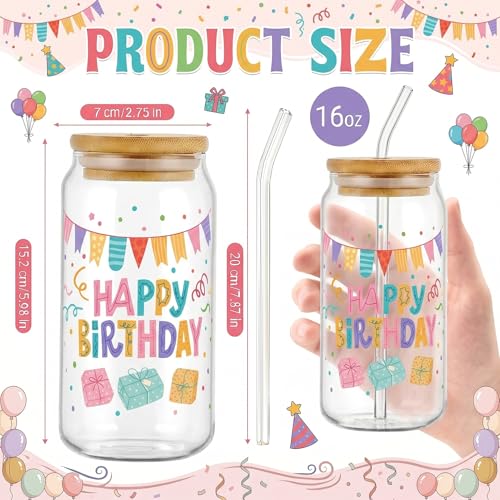 Glass Cups with Lids and Straws, 4Pack, 16oz, Birthday Party - color: Happy Birthday