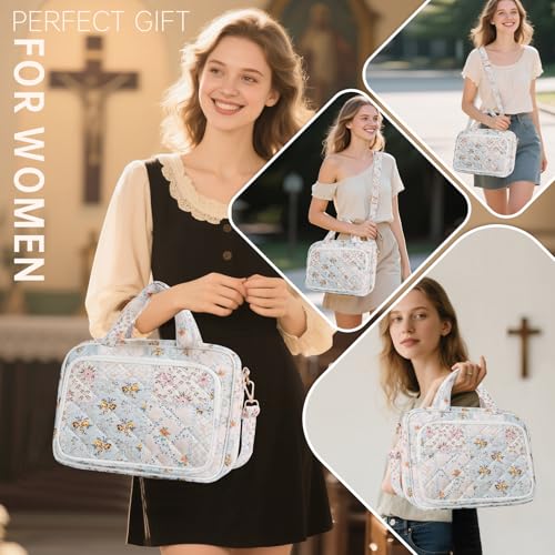 Bible Cover Case for Women Bible Study Supplies Christian Gifts for Women Church Camp Essentials Christian Bible Journaling Kit Quilted Large Bible Cover with Durable Handle (Spliced Flower, Large) - color: Spliced Flower
