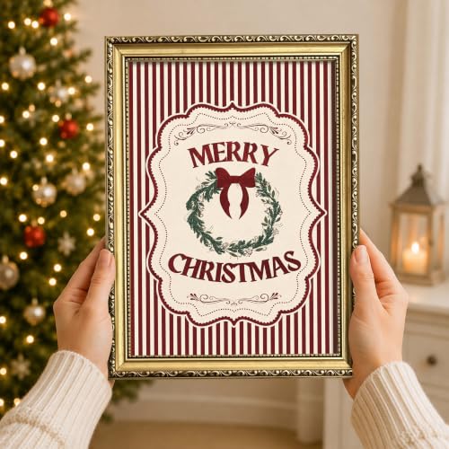 Vintage Gold Framed Merry Christmas Wall Art, Red Striped Holiday Wreath Canvas Print, Rustic Bow Botanical Poster for Living Room Bedroom Entryway Farmhouse Decor 12x16 Inch - color: A-Christmas, size: 16"L x 12"W