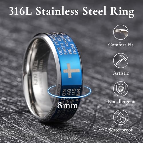 King Will Stainless Steel Men Ring Lord's Prayer Cross Ring Stainless Steel Men Wedding Ring, Wedding Band Bible Engraved Rings High Polished, Comfort Fit - color: blue polish
