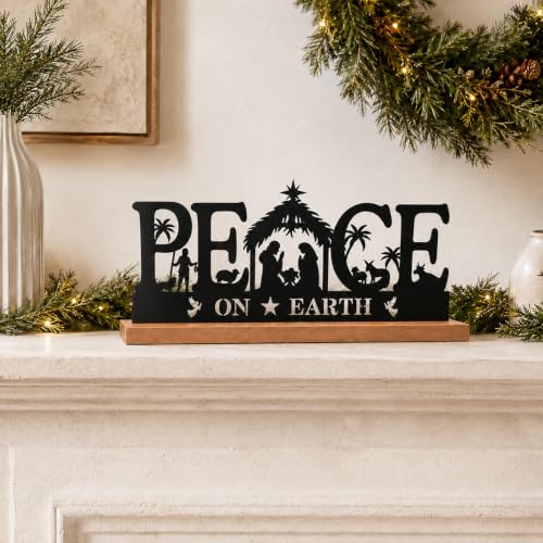 Religious Christmas Tabletop Decor, Peace on Earth Wooden Nativity Sign, Christian Holiday Decoration for Mantel, Shelf and Home - color: PEACE ON EARTH