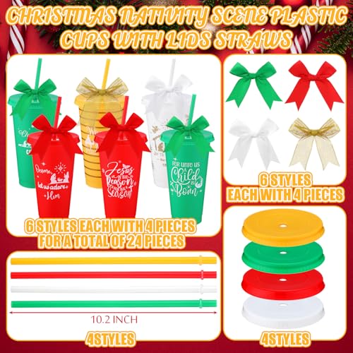 24 Set Christian Cups Gift Bulk Christmas Cups with Lid Straw Bow 24oz