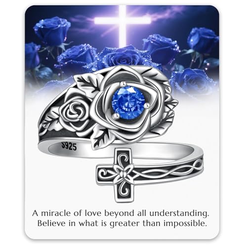 925 Sterling Silver Adjustable Spoon Ring Thumb Ring for Women Vintage Rose Cross Birthstone Victorian Jewelry Gift for Birthday Christmas Anniversary - color: 09-September- Sapphire