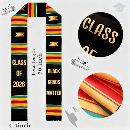 Bokon 2 Pcs 2026 Kente Graduation Stole Set Magic Black Women Graduation Matter Stole Black African American Sash with Single Kente Honor Cord for Adult College Unisex Grads Celebrate