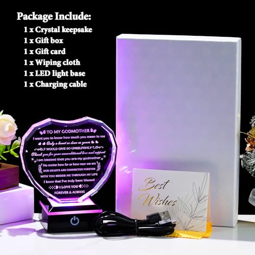 Arikyrist Godmother Gifts from Godchild with Colorful Light Base, Birthday Gift for Godmother Crystal Heart Keepsake, To My Godmothers Gifts from Goddaughter Godson on Mothers Day Christmas - color: Godmother Gifts + Light Base