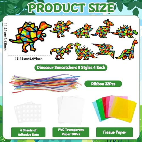 Lonfliness 32Sets Dinosaur Suncatchers Crafts Kit DIY Dino Window Stained Glass Effect Paper Dinosaur Animal Home School Classroom Decoration Art Craft Creative Activity Project Kid Gift Favor - style: Dinosaur