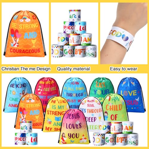 Frienda 20 Pcs Christian Party Favors Includes 10 Bible Verse Drawstring Backpack Bags and 10 Religious Slap Bracelets for VBS Birthday Gifts Church Sunday School Prizes Supplies(Stylish) - style: Stylish