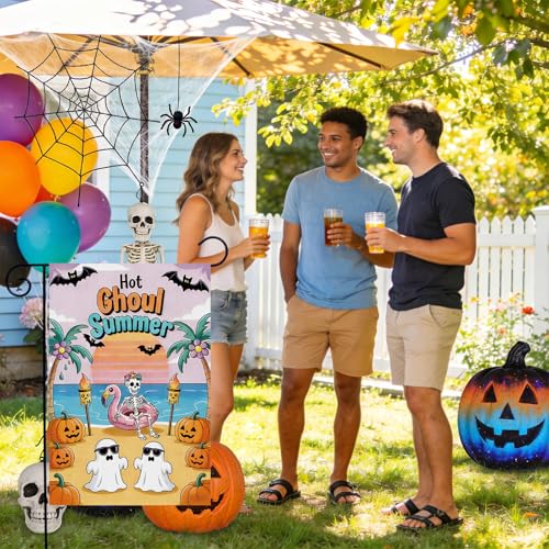Summerween Garden Flag, Halloween in Summer Outdoor Yard Decor, Happy Summerween Double Sided Flag for Summer Halloween Party Home Outdoor Supplies 12 x 18 Inch - color: White Brown