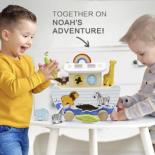 bpmfkid Noah's Ark Wooden Toy Set, Montessori Animal Shape Sorter for Kids