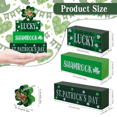 4 Pcs St.Patrick's Day Table Signs Lucky Shamrocks Table Centerpieces Wooden Shamrock Block Signs St Patricks Day Decorations Irish Tiered Tray Decor for Home Office Desk Kitchen Shelf - style: St Patricks