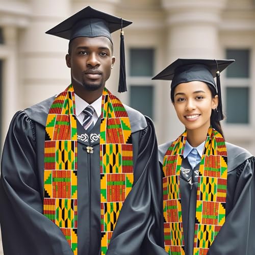 Kente Graduation Stole Class of 2026, 72 x 5.1 in African Print Sash with 3D Gold Embroidery and Gold Fringe - color: C2