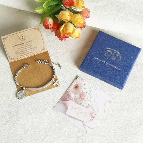 DS Women Christian Charm Bracelet,Cross Scripture Stainless Steel Jewelry - style: Do not fear for,I am with you-Silver