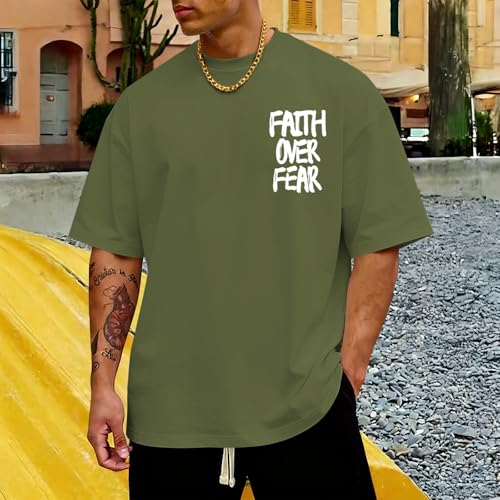 Christian Jesus Shirts for Men Faith Over Fear Shirt God Religious Bible Verse Inspirational Oversized Graphic Tees - color: Light Army Green, size: X-Large