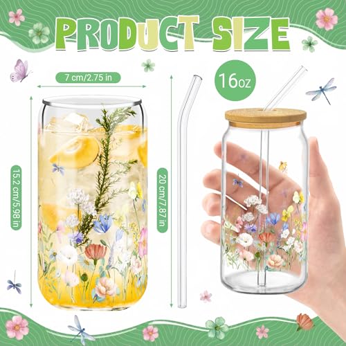 Glass Cups with Lids and Straws, 4Pack, 16oz, Floral Nature - style: 4Pcs Wildflower
