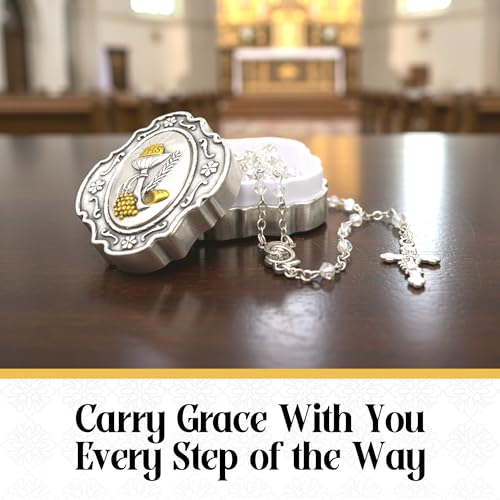 Catholic Rosary Beads with Metal Keepsake Gift Box Set - color: Communion Crystal