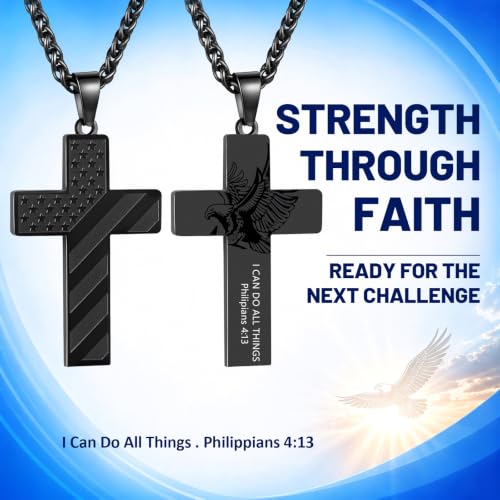 Men Cross Necklace Teens, Bible Verse Flag Eagle Chain Gift for Him - style: Philippians 4:13
