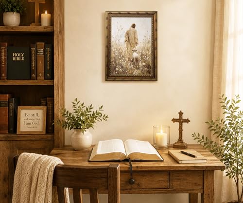 Vintage Gold Framed Jesus Wall Art Jesus and Lamb Religious Canvas Print - color: yellow Jesus and the Little Lamb, size: 16x24 Inches