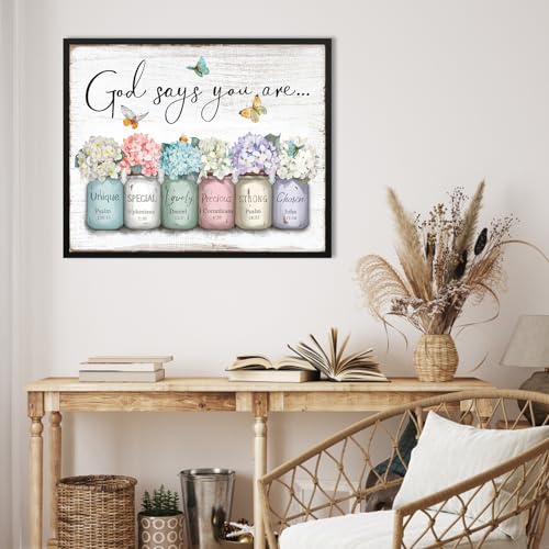 Inspirational Bible Verse Wall Art: God Says You Are Wall Decor Framed Christian Painting 24" x 30",Hydrangea Flower in Mason Jar Prints Hanging Posters Religious Bedroom Decor for Women Girls - color: God Says You Are, size: 24"L x 30"W