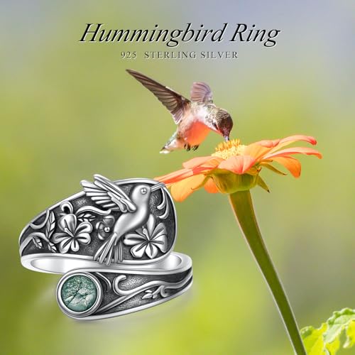 925 Sterling Silver Adjustable Spoon Rings for Women Thumb Ring - style: Hummingbird - Moss Agate