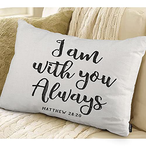 EKOBLA Bible Verse Decorative Cushion Cover I Am with You Scripture Matthew Jesus Cotton Linen Farmhouse Throw Pillow Covers Cushion Case 12x20 Inches for Couch Sofa Home Decoration - color: Multi-bs07