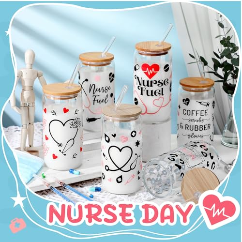 SiliFine 6 Pcs Nurse Gift Glass Cups, 16 oz with Lids and Straws - style: Nurse