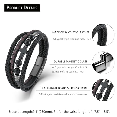 Men's Leather & Lapis/Onyx/Turquoise/Tiger Eye Cross Bracelet - Braided Christian Jewelry for Men, 8.3" & 9.1" Sizes - color: Black Onyx, size: 9.1in(Fits larger wrists)